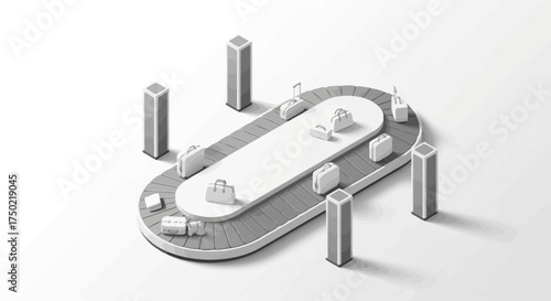 Isometric luggage conveyor belt at an airport terminal baggage claim area
