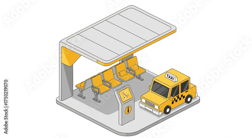 Isometric rendition capturing a taxi stand with awaiting vehicle icon design