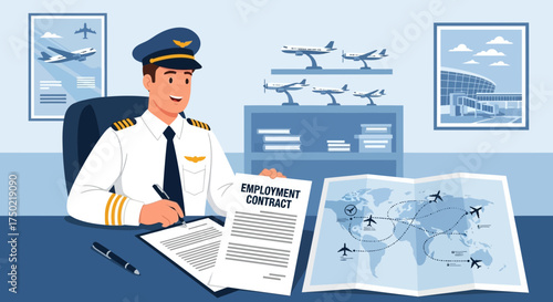 Pilot reviewing employment contract at desk with world map and airplane models
