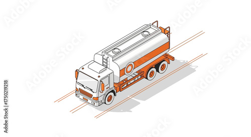 Isometric view of a tanker truck with orange accents parked on the road