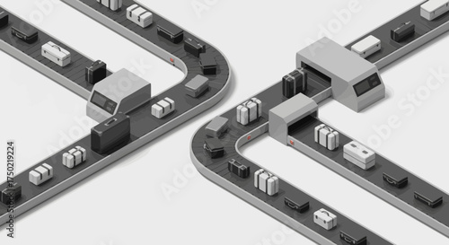 Isometric view of baggage conveyor system with luggage in an airport