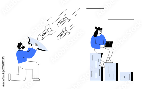 Man deflecting DDOS attacks with shield near tech-savvy woman using laptop, bars. Ideal for cybersecurity, data protection, teamwork, online security, cyber defense, threats, simple flat metaphor