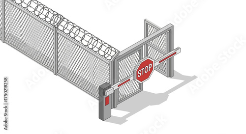 Isometric view showcasing barrier gate and barbed wire fence security system