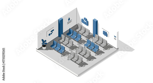 Isometric waiting room illustration, conveying order and anticipation atmosphere