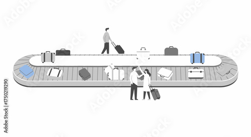 Luggage carousel with passengers claiming their belongings, arrival area
