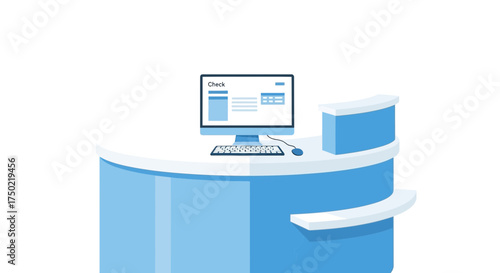 Reception desk with computer monitor, keyboard and mouse illustration