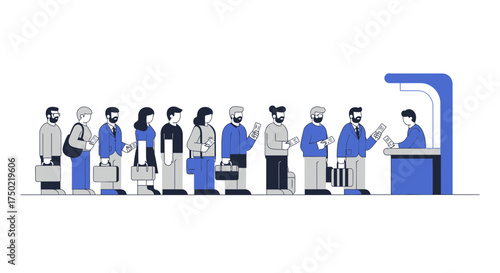 Stylized line of diverse individuals queuing at a blue ticket counter