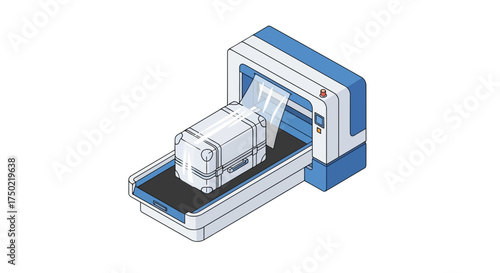 Stylized suitcase traveling through an automated scanner machine