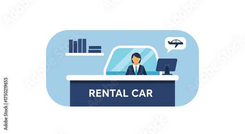 Vector illustration of rental car service counter, with attendant