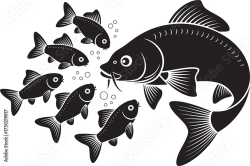 Carp fish family vector design, adult carp fish, juvenile carp fish, black carp fish, bubbles on isolated background