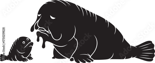 Cartoon Blobfish Parent and Child Silhouette Vector Illustration Marine Life