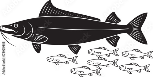 Catfish silhouette vector illustration with small fish outlines - large freshwater fish icon and fry