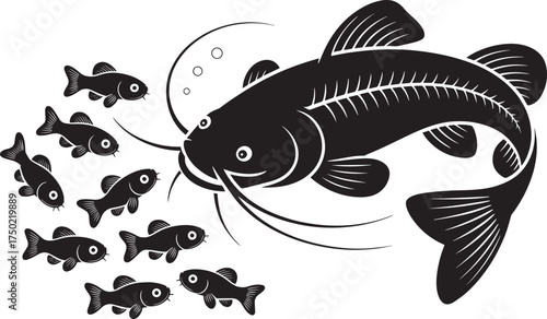Catfish family vector design, adult catfish, juvenile catfish, black catfish, bubbles on isolated background