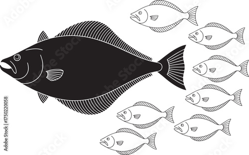 Flatfish silhouette graphic with a collection of smaller fish outlines, marine life diversity