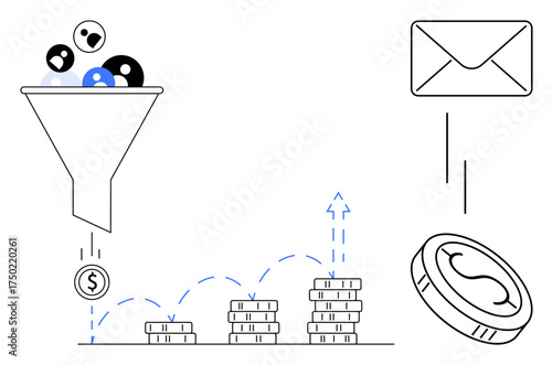 Funnel transforming users into revenue, stacks of coins showing profit growth, dollar coin and email icon. Ideal for marketing, sales, success, strategy, finance, online business flat metaphor