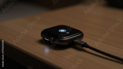 Smartwatch charging on a wooden surface displaying battery icon and charging progress