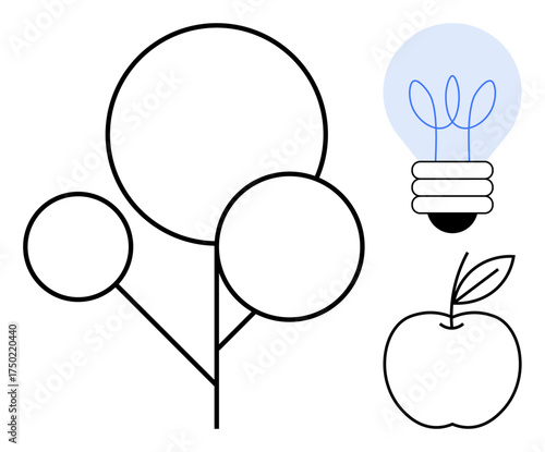 Simplistic tree and apple design paired with a glowing light bulb, blending nature and innovation. Ideal for sustainability, eco-friendliness, green energy, growth, creativity, education
