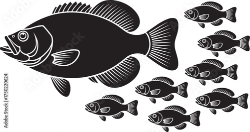 Stylized Black and White Sunfish Silhouette Vector Illustration with Multiple Smaller Icons