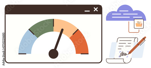 Web-based performance meter, digital document being signed, and cloud storage connection. Ideal for efficiency, analytics, data management, digital workflow, performance tracking, online services