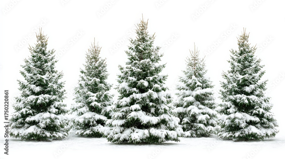 Fototapeta premium Snow Covered Evergreen Trees in a Row, Isolated Against a White Background for Winter Holiday