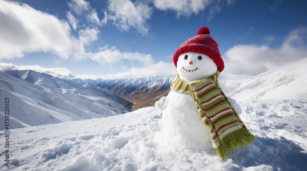 Obraz premium Festive Snowman with Red Hat and Striped Scarf Against Snowy Mountain Landscape Background