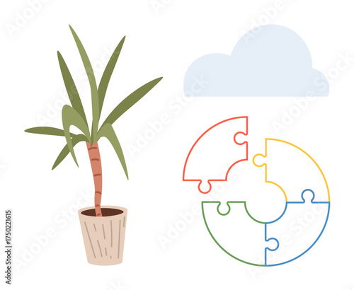 Potted plant, cloud, and circular puzzle in soft colors symbolize nature, sustainable growth, collaboration, and balanced solutions. Ideal for teamwork, mindset, ecology innovation problem-solving
