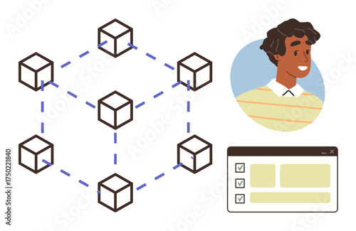 Interconnected cube structure for blockchain, smiling user icon, browser checklist interface. Ideal for blockchain, technology, data sharing, transparency, user interaction, digital tools simple