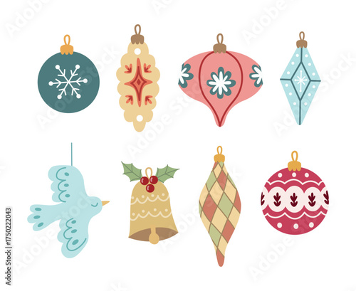 cute hand drawn christmas ornaments set, festive baubles and holiday decorations