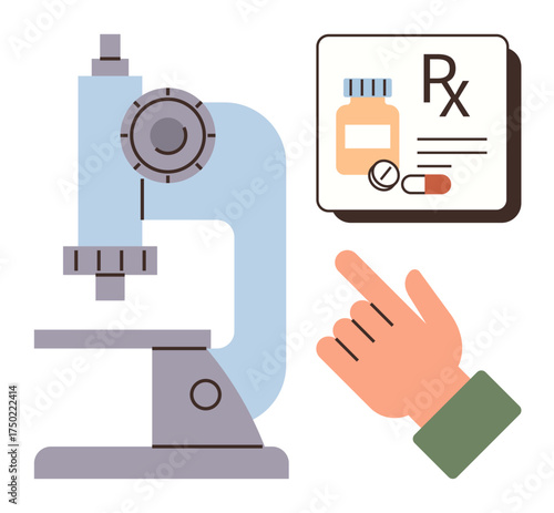 Microscope, hand pointing at prescription form, medical pills, and bottle. Ideal for science, healthcare, research, laboratory studies pharmaceutical industry biotechnology education. Simple flat