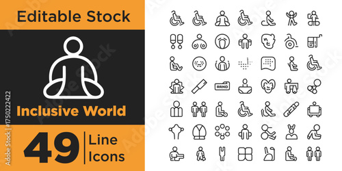 Inclusive world line vector icon set, Modern minimal design showing diversity, equality, teamwork, community, respect, unity, social justice, accessibility, human rights concepts silhouettes