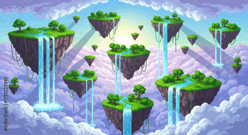 Pixel art of floating islands with waterfalls in a cloudy sky.