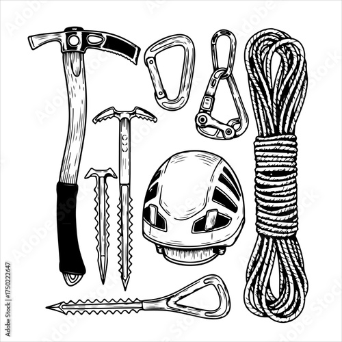 A collection of hand-drawn mountaineering and ice climbing equipment on a white background.
