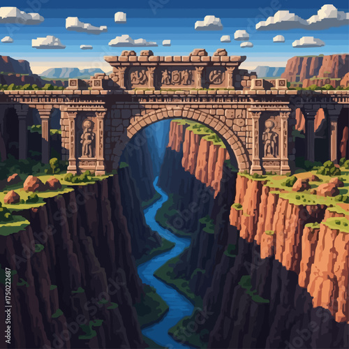 A magnificent pixel art ancient stone bridge spanning a deep canyon with a winding river below.