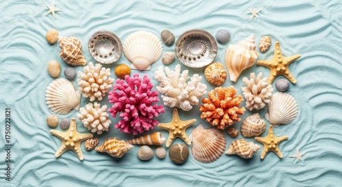 Vibrant Assortment of Seashells, Coral, and Starfish Artfully Arranged on Textured Blue Sand