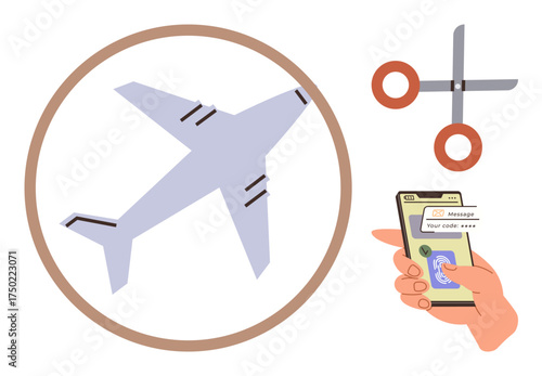 Airplane inside a circle, pair of scissors for cutting, and a hand holding a smartphone displaying a coupon code. Ideal for travel deals, online booking, discounts, e-commerce, digital coupons