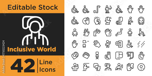Inclusive world line vector icon set, Modern minimal design showing diversity, equality, teamwork, community, respect, unity, social justice, accessibility, human rights concepts silhouettes