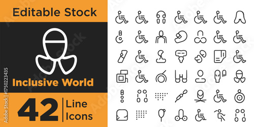 Inclusive world line vector icon set, Modern minimal design showing diversity, equality, teamwork, community, respect, unity, social justice, accessibility, human rights concepts silhouettes