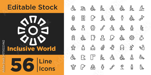 Inclusive world line vector icon set, Modern minimal design showing diversity, equality, teamwork, community, respect, unity, social justice, accessibility, human rights concepts silhouettes