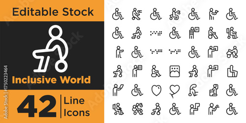 Inclusive world line vector icon set, Modern minimal design showing diversity, equality, teamwork, community, respect, unity, social justice, accessibility, human rights concepts silhouettes