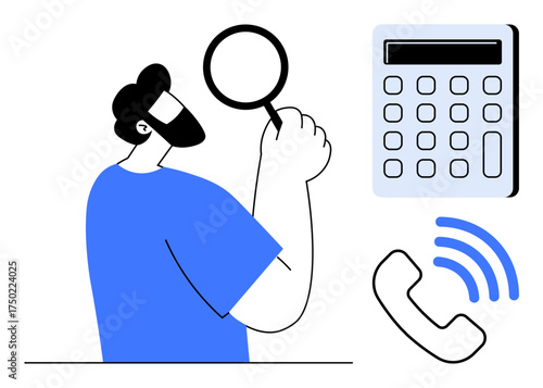 Man holding magnifying glass explores, with calculator and ringing phone nearby. Ideal for research, analysis, communication, problem-solving, business, consulting and inquiries. Simple flat