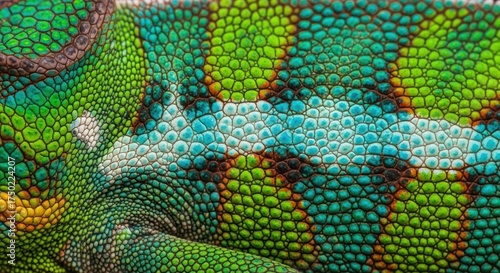 Vibrant Chameleon Skin: A Detailed Macro View of Scales and Color Gradients