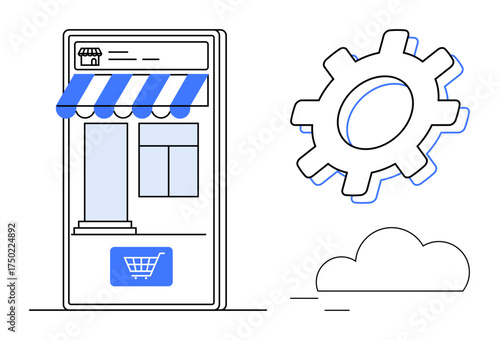 Mobile storefront with striped awning and shopping cart icon, gear symbol for settings, and cloud illustration. Ideal for e-commerce, technology, digital solutions, cloud services, mobile apps