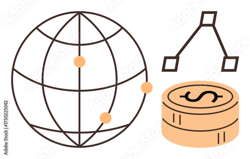 Globe with interconnected points, stacked coins with dollar sign, and abstract diagram emphasizing global finance, connectivity, economic growth. Ideal for economy, trade, technology, globalization