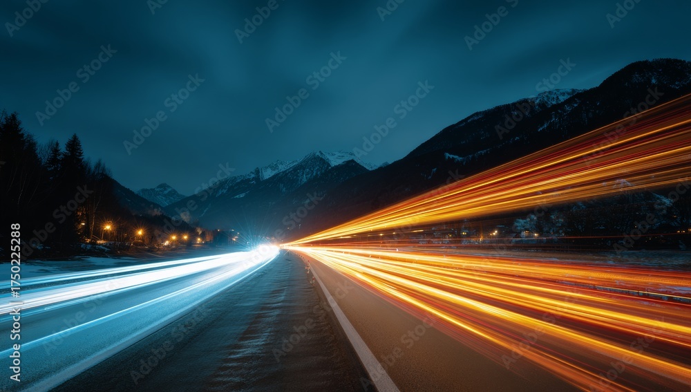 Obraz premium A road with long exposure light trails at night on the mountain highway, cars moving fast on the asphalt street.