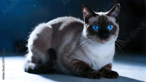 Fototapeta Siamese cat with striking blue eyes resting on a surface in low light
