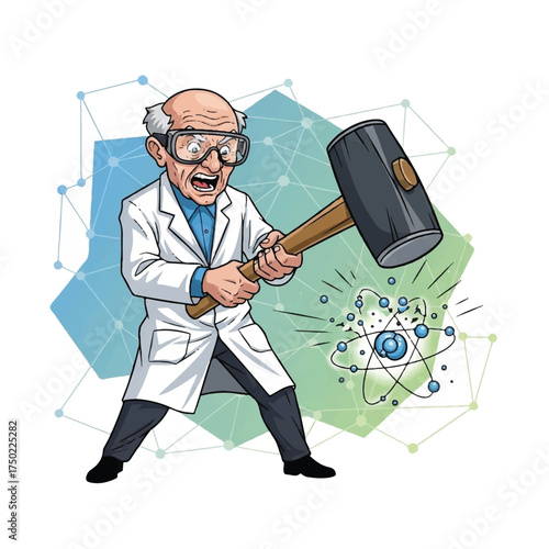 An aged researcher experiments by breaking a miniature atom.