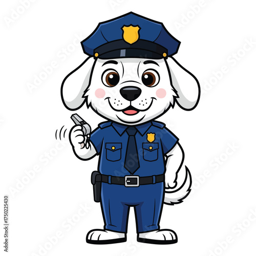 Cute cartoon dog character dressed as a police officer in a blue uniform and hat, holding a whistle. Vector illustration of a friendly canine cop mascot