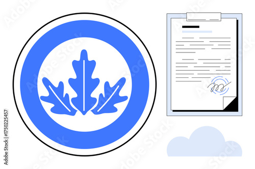 Blue circular badge with leafy design, signed document featuring a signature and clipboard, accompanied by a soft cloud shape. Ideal for sustainability, certification, environment, ecology