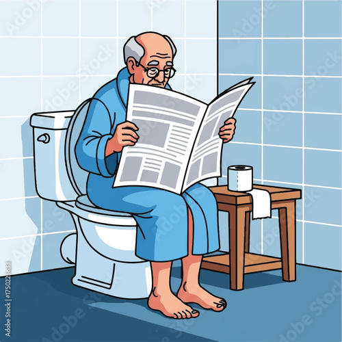 A senior man reads a newspaper while using the a toilet.