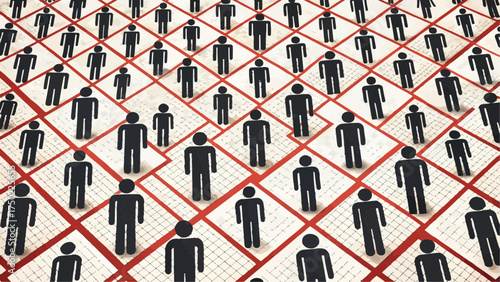 Many black stick figure icons arranged on a grid with red lines forming squares across the entire image